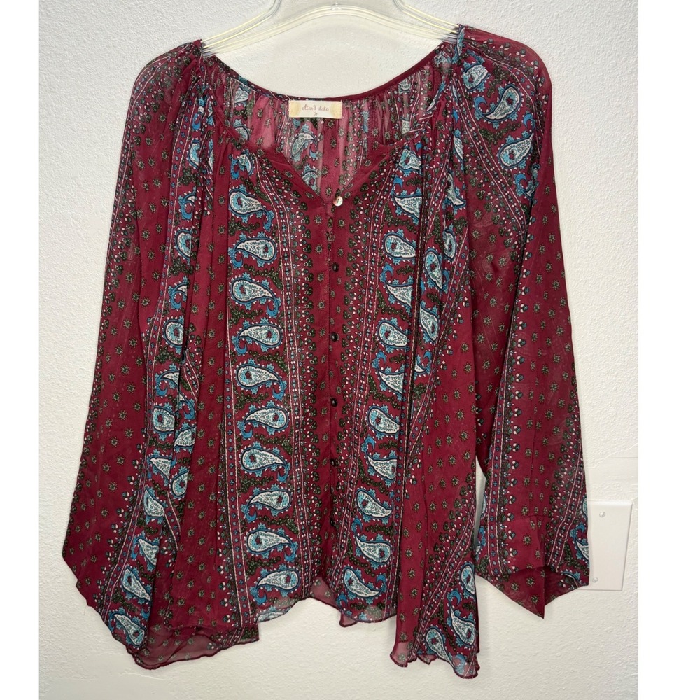 Altar'd State Womens Medium Burgundy Paisley Sheer Button Front Boho Blouse Top